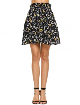 

Black Printed Ruffle Elastic High Waist A-Line Pleated Mini Skirt, Multicolor