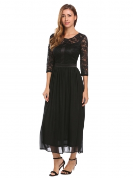 

Black Women Casual Round Neck 3"4 Sleeve Lace Patchwork Dress High Waist, Multicolor