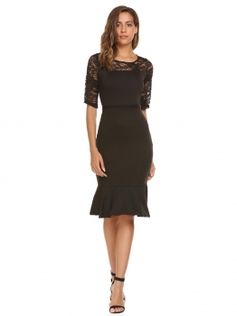 

Black Half Sleeve Patchwork Package Hip Fishtail Dress, Multicolor