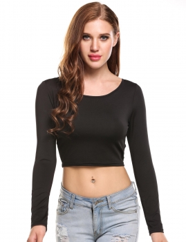 

Black Long Sleeve O Neck Solid Slim Stretch Crop Top, Multicolor