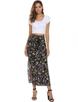 

Black Printed Elastic Drawstring Waist Split Hem Maxi Skirt, Multicolor