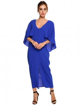

Blue Plunging Neck Cape Sleeve Split Bodycon Dress, Multicolor