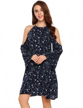

Navy blue Flare Sleeve Cold Shoulder Print Loose Shift Dress, Multicolor