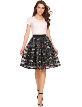 

Black Elastic High Waist Floral Patchwork Knee Bubble Skirt, Multicolor