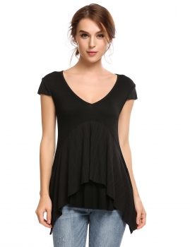 

Black Irregular Hem Solid Short Sleeve V Neck Loose Pullover T-Shirts, Multicolor