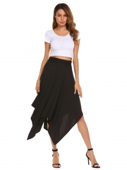 

Black Solid Asymmetric High Waist Elastic Waist Skirt, Multicolor