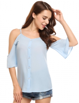 

Blue Cold Shoulder Solid Short Sleeve Loose Tops, Multicolor