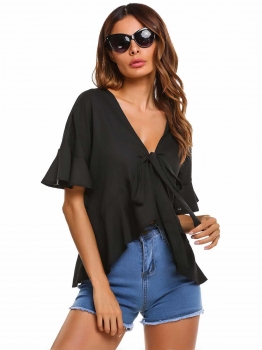 

Black Flare Sleeve V-Neck Bow Asymmetrical Ruffles Chiffon Blouse, Multicolor