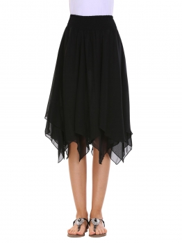 

Black Elastic Smocked Waist Double Layered Asymmetrical Pleated Chiffon Skirts, Multicolor