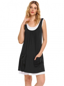 

Black Double Layer O-Neck Sleeveless Solid Loose Dress, Multicolor