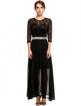 

Black 3"4 Sleeve Lace Patchwork Sequins Dress, Multicolor