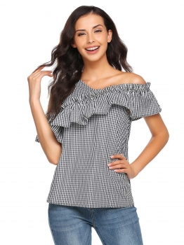 

Black white Plaid One Shoulder Ruffles Short Sleeve Tops, Multicolor