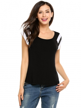 

Black Contrast Color Striped Short Sleeve O-Neck Tops, Multicolor