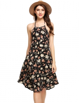 

Black Halter Backless Floral A-Line Short Dress, Multicolor