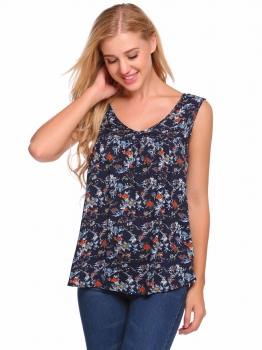 

Black Spring Summer V-Neck Sleeveless Prints Vest Tops, Multicolor