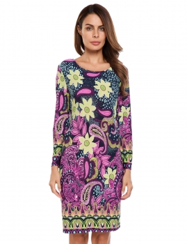 

Multi-color Long Sleeve Print Slim O Neck Zipper-up Pencil Dress, Multicolor
