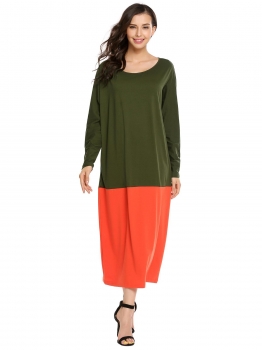 

Army green Bat Long Sleeve Color Block O Neck Loose Maxi Dress, Multicolor
