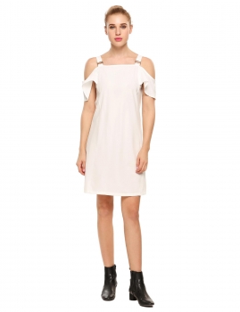 

White Square Neck Cold Shoulder Solid A-Line Dress, Multicolor