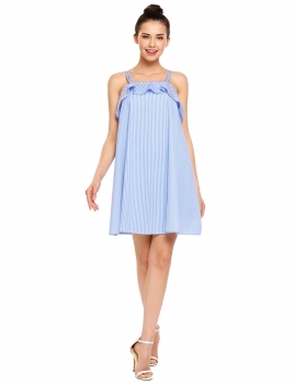 

Blue Spaghetti Strap Sleeveless Ruffles Striped Dress, Multicolor