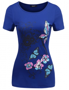 

Blue Butterfly Printed O-Neck Short Sleeve Slim Fit T-Shirts, Multicolor