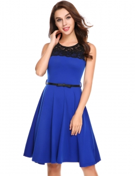

Dark blue Lace Patchwork Fit and Flare Belted Dress, Multicolor