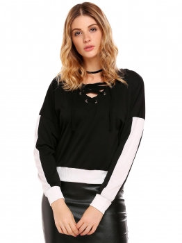 

Black Contrast Color Hem Lace-up V Neck Hoodie, Multicolor