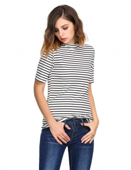 

White and black Stripes Short Sleeve Crew Neck Slim Basic T-Shirts, Multicolor