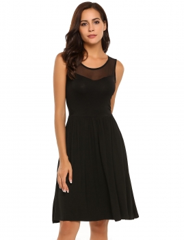 

Black Sleeveless Solid Mesh Patchwork A-Line Dress, Multicolor