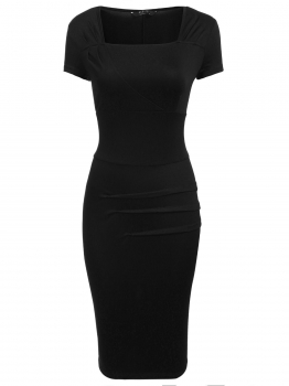

Black Square Neck Short Sleeve Solid Ruched Pencil Dress, Multicolor