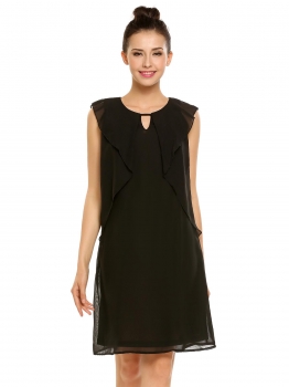 

Black O-Neck Keyhole Sleeveless Solid Chiffon Dress with Lining, Multicolor