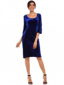 

Blue Scoop Neck 3"4 Flare Sleeve Velvet Sheath Dress, Multicolor