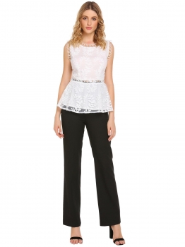 

White Embroidery Hollow Out O-Neck Sleeveless Peplum Tops, Multicolor