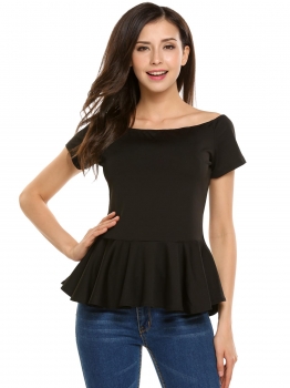 

Black Boat Neck Short Sleeve Ruffles Decor Solid Peplum Tops, Multicolor