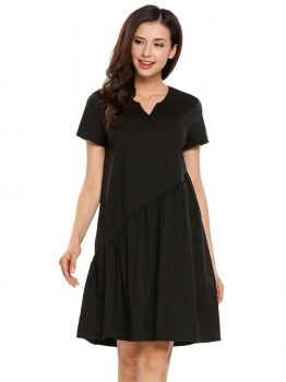 

Black Solid Short Sleeve Notch Neck Keyhole Back Loose Dress, Multicolor