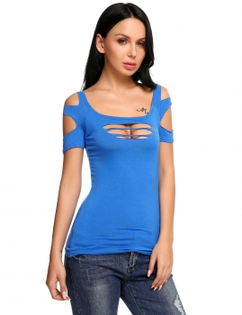 

Blue Solid Cut Out Short Sleeve Hollow Front Elastic Slim Fit Tops, Multicolor