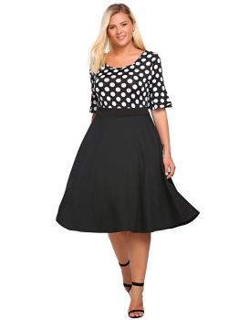 

Black Plus Size Vintage Half Sleeve Polka Dot Patchwork Swing Dress, Multicolor