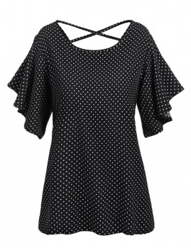 

Black Back Cross Straps Dot Flare Short Sleeve Blouse, Multicolor