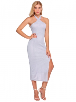 

Silver Cross Back Split Side Glitter Backless Maxi Dress, Multicolor