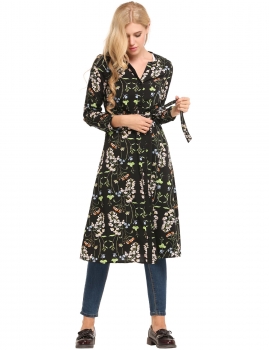 

Black Long Sleeve Floral Prints Bandage Button-down Chiffon Cardigans, Multicolor