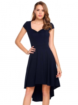 

Navy blue Pentagon Neck Cap Sleeve Solid Asymmetric Dress, Multicolor
