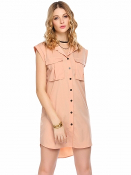

Apricot Sleeveless High Low Hem Loose Button Down Shirt Dress with Pocket, Multicolor