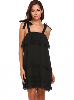 

Black Bow Wide Strap Lace Ruffles Trim Shift Dress, Multicolor