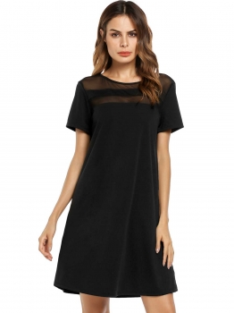 

Black Short Sleeve Mesh Patchwork O Neck Shift Dress, Multicolor
