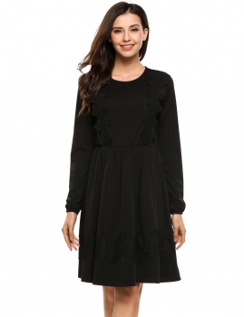 

Black Long Sleeve High Waist Lace Decor Smock Dress, Multicolor