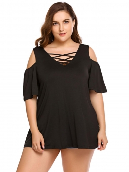 

Black Plus Sizes Cold Shoulder Half Sleeve Lace-up V-Neck Tops, Multicolor
