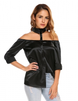 

Black Turn Down Collar Long Sleeve Sexy Cold Shoulder Club Tops, Multicolor