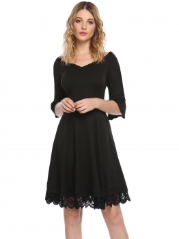 

Black Vintage Flare Sleeve A Line Lace Hem Slim Elegant Dress, Multicolor