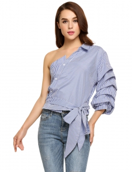 

Blue Women One Shoulder 3"4 Puff Sleeve Striped Asymmetrical Shirt, Multicolor