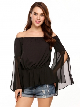 

Black Off the Shoulder Slit Flare Sleeve Low Elastic Waist Chiffon Blouse, Multicolor