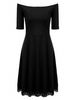 

Black Off The Shoulder Short Sleeve Lace Patchwork Slim Swing Dress, Multicolor